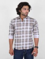 KEDY MEN'S SHIRT - WHITE AND BROWN CHECK PATTERN