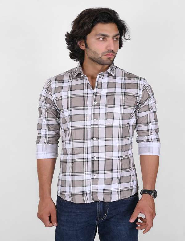 KEDY MEN'S SHIRT - WHITE AND BROWN CHECK PATTERN