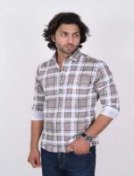 KEDY MEN'S SHIRT - WHITE AND BROWN CHECK PATTERN