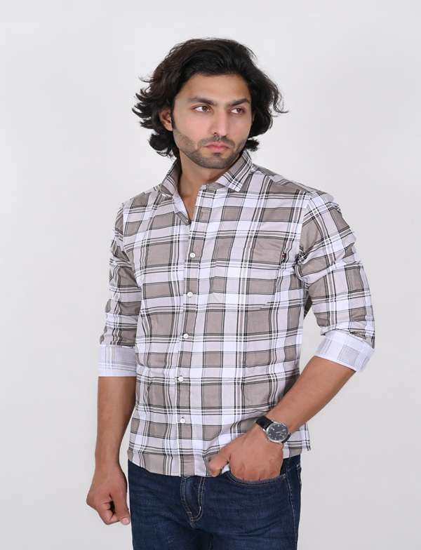 KEDY MEN'S SHIRT - WHITE AND BROWN CHECK PATTERN