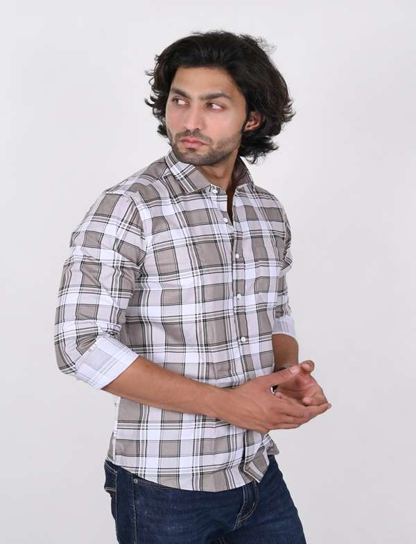 KEDY MEN'S SHIRT - WHITE AND BROWN CHECK PATTERN