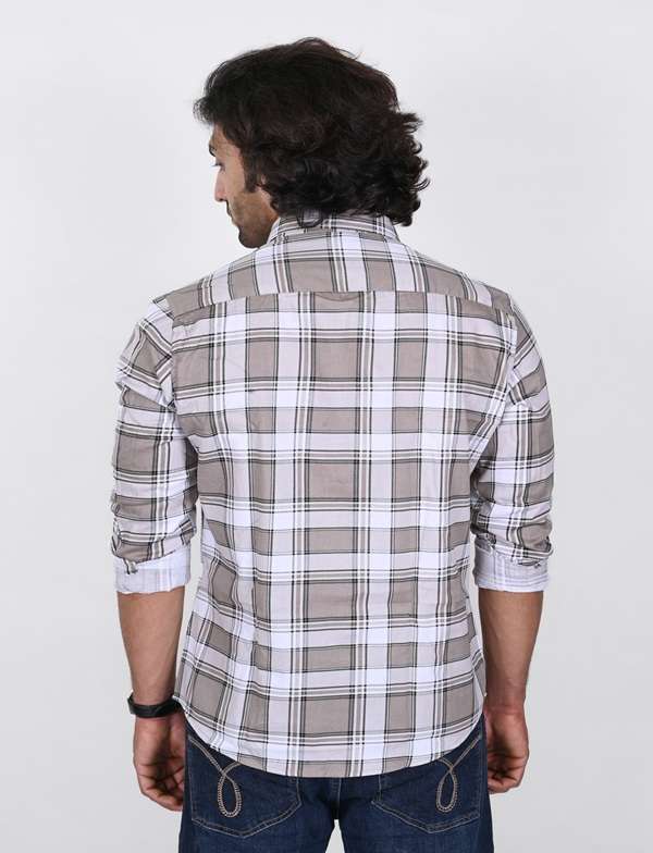 KEDY MEN'S SHIRT - WHITE AND BROWN CHECK PATTERN