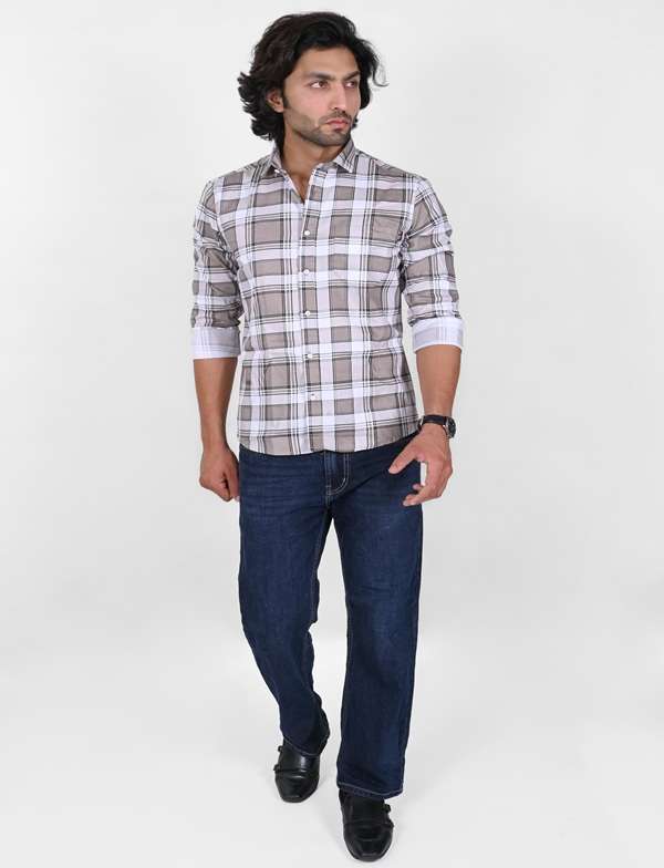 KEDY MEN'S SHIRT - WHITE AND BROWN CHECK PATTERN