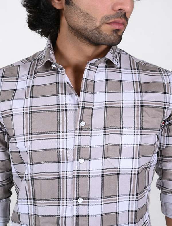 KEDY MEN'S SHIRT - WHITE AND BROWN CHECK PATTERN