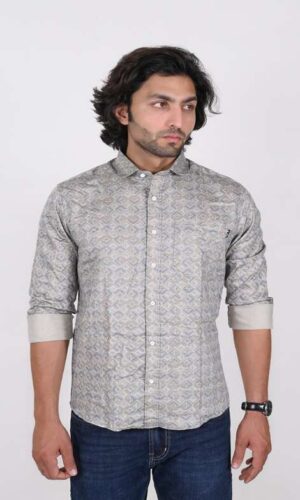 KEDY MEN'S SHIRT - LIGHT BLUE AND BROWN STAIR PATTERN