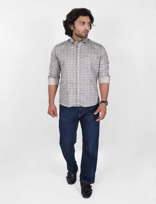KEDY MEN'S SHIRT - LIGHT BLUE AND BROWN STAIR PATTERN