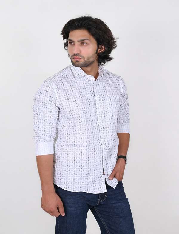 KEDY MEN'S WHITE SHIRT WITH ABSTRACT PATTERN