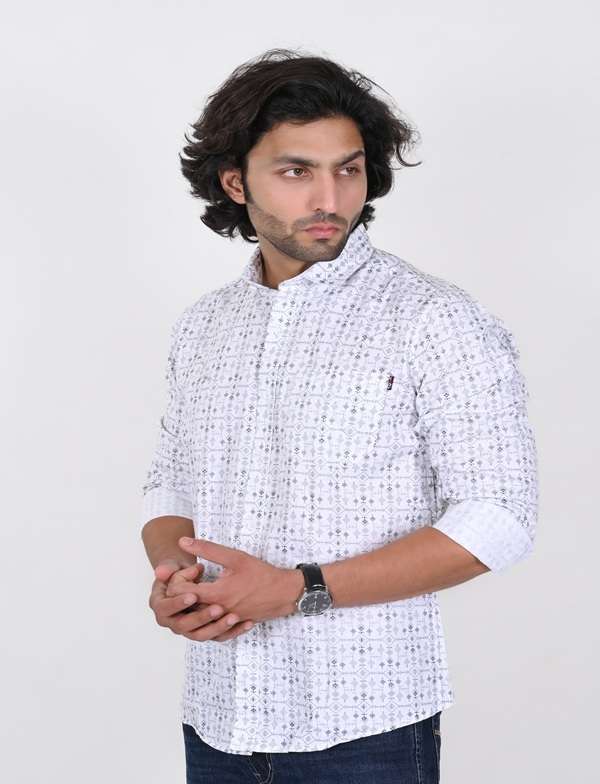 KEDY MEN'S WHITE SHIRT WITH ABSTRACT PATTERN